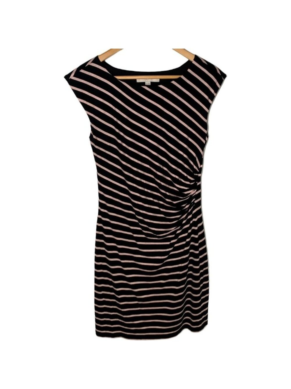 LOFT Women XS Striped Mini Dress Black Tan Ruched Cap Sleeve Sheath Work